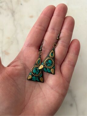 Gold-Accented Turquoise Mosaic Triangle Drop Earrings